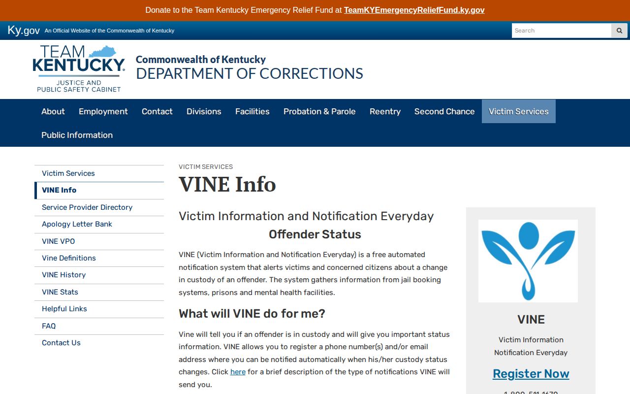 Kentucky VINE county jail participation and help information