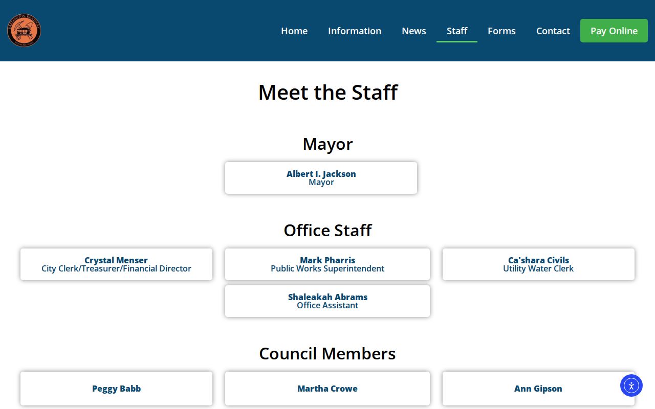 Earlington city staff page showing contact details and office hours