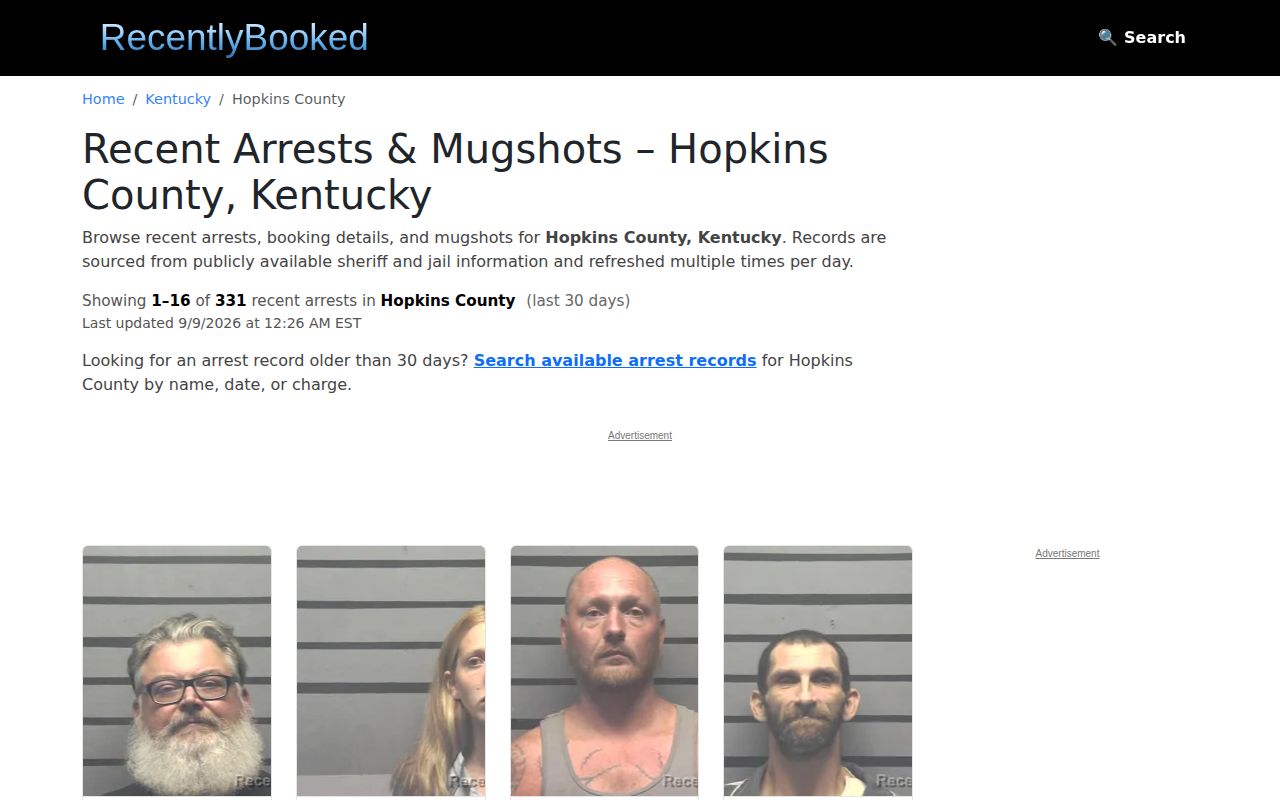 RecentlyBooked unofficial Hopkins County recent booking interface
